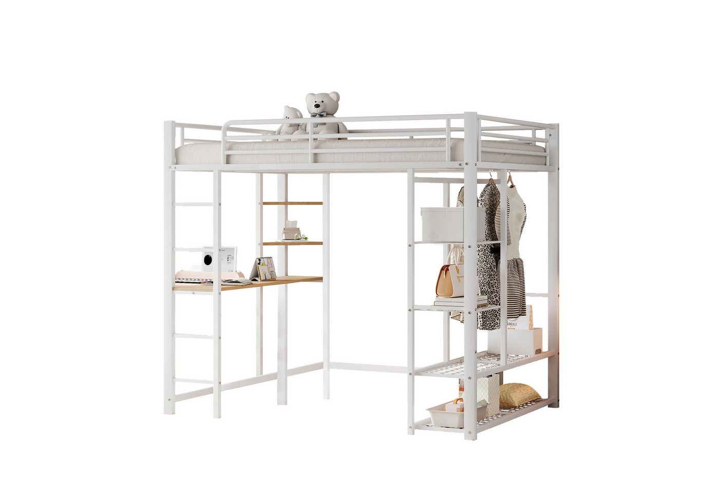 OKWISH Kinderbett Stauraumbett Gästebett Eisenbett Hochbett Metallbett (mit einfachem Kleiderschrank und Arbeitsbereich, mit Ablagefächern 140x200cm), ohne Matratze von OKWISH