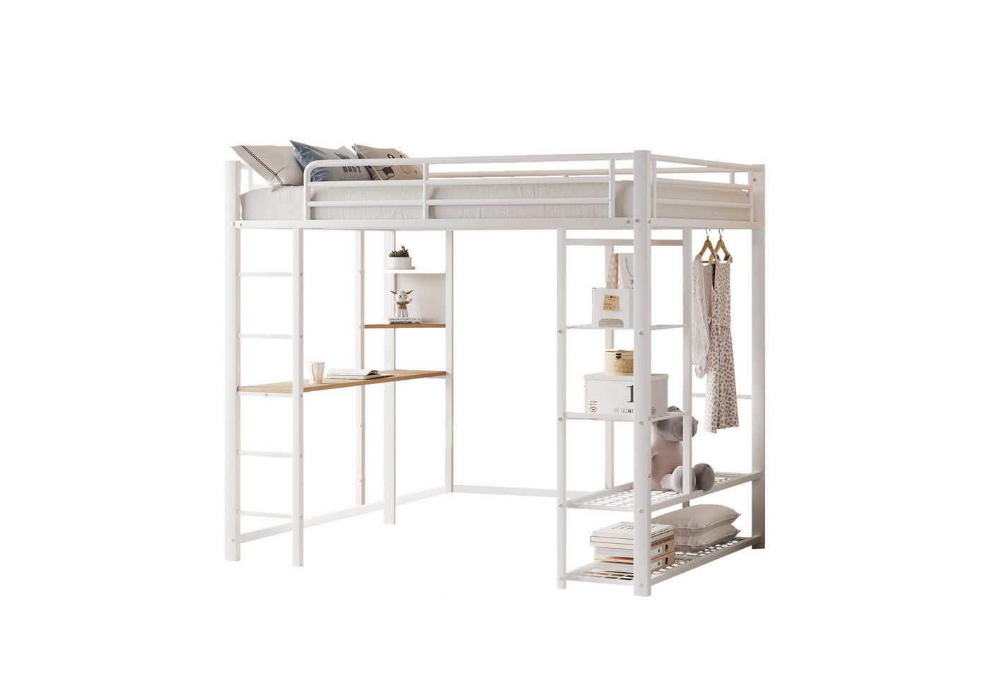 OKWISH Kinderbett Stauraumbett Gästebett Eisenbett Hochbett Metallbett (mit einfachem Kleiderschrank und Arbeitsbereich, mit Ablagefächern 90x200cm), ohne Matratze von OKWISH