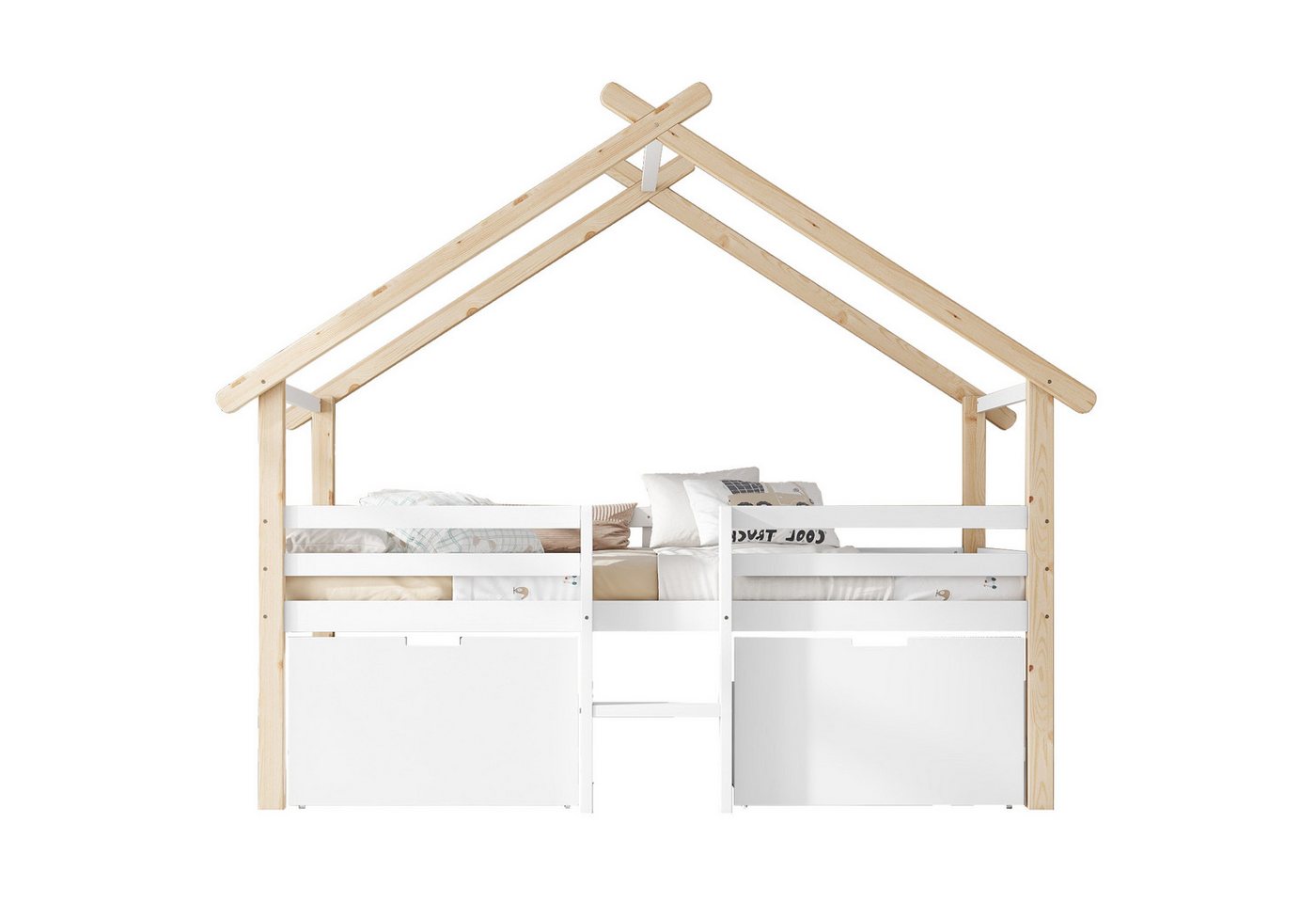 OKWISH Kinderbett Stauraumbett Jugendbett Holzbett (Hausbett Halbhoch mit Hausdesign & Dach, Treppe, 2 Schließfächer mit Rädern, 90x200 cm, Kiefer & MDF in Weiß & Natur, für fantasievolles Spiel und praktischen Stauraum), ohne Matratze von OKWISH