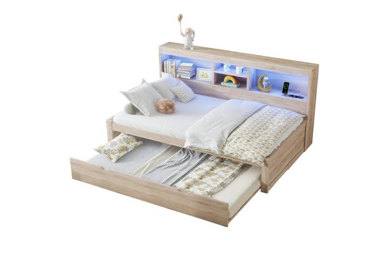 OKWISH Kinderbett Stauraumbett Schlafsofa Tagesbett Daybett Einzelbett Gästebett (Schlafsofa Daybett mit Ambientebeleuchtung, Ausziehbarem Rollbett, USB-Anschluss & Bettseitigem Staufach, 90x200 cm), ohne Matratze von OKWISH