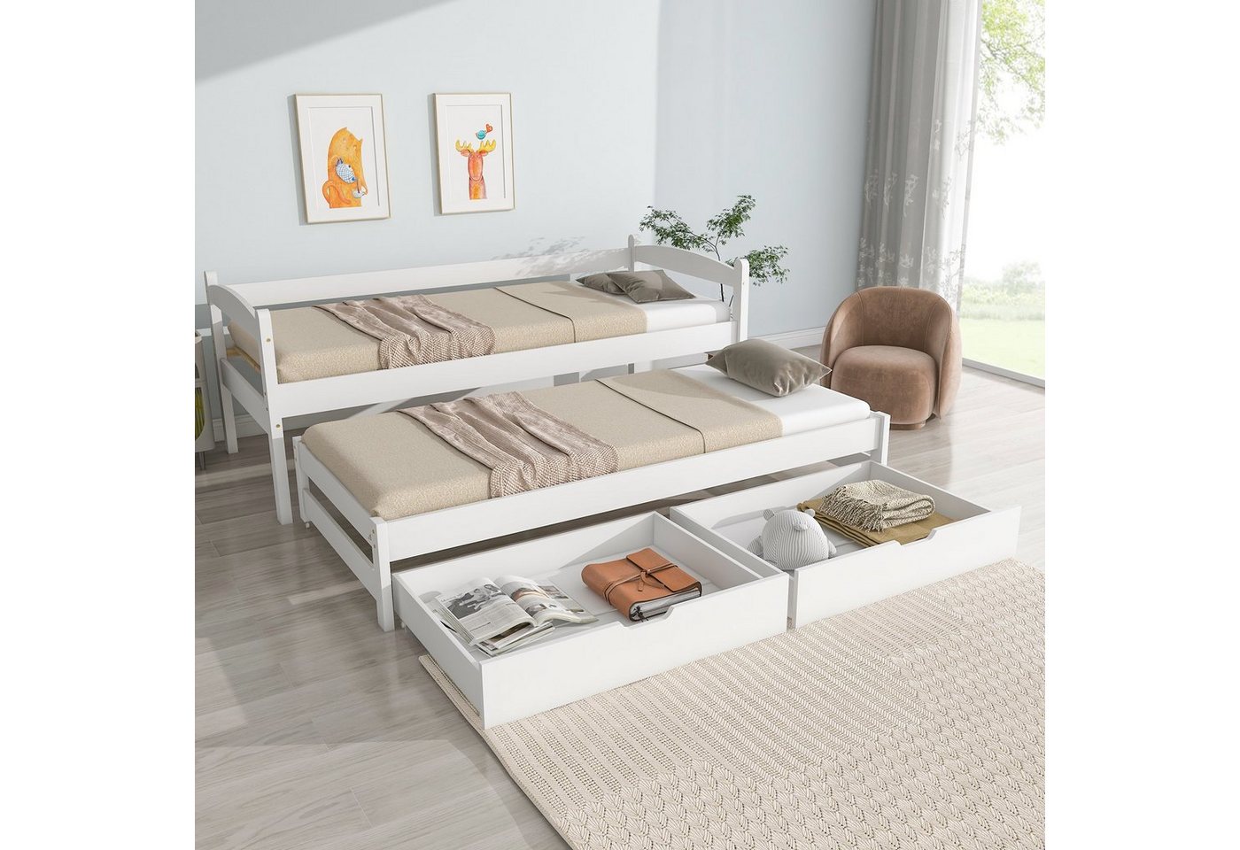 OKWISH Kinderbett Tagesbett, Einzel- und Doppelbett (mit 2 MDF-Schubladen, Massivholzrahmen, weiß (200x90cm/190x90cm), Geeignet für verschiedene Dekorationsstile von OKWISH