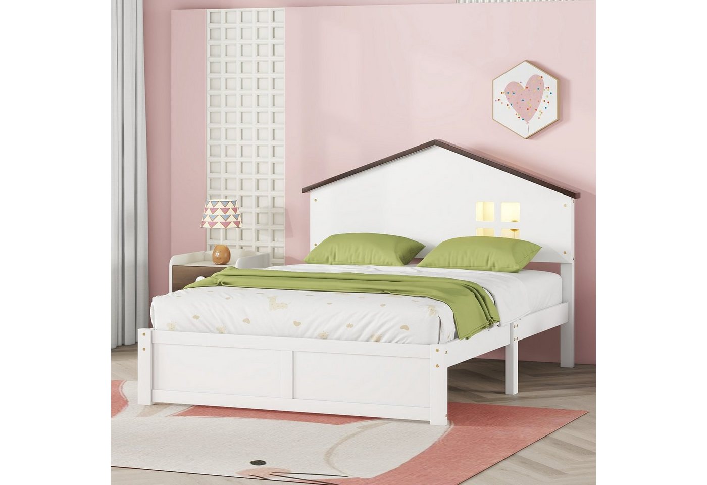 OKWISH Kinderbett hausförmiges, flaches Bett, kleine Fensterdekoration, LED-Nachtlicht (140*200cm), ohne Matratze von OKWISH