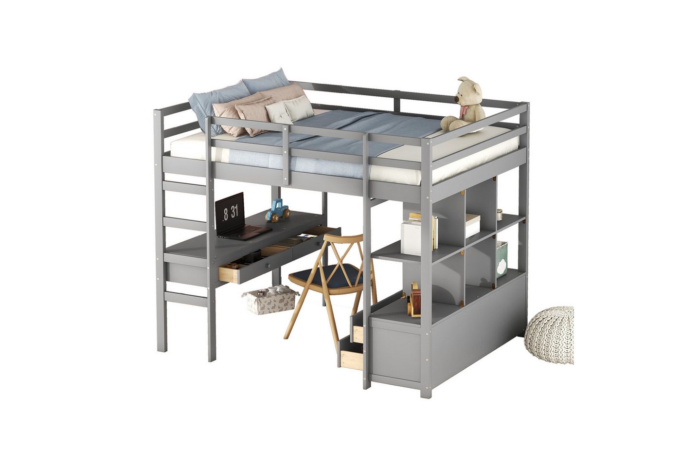 OKWISH Kinderbett mit Schreibtisch, Funktionsbett Stauraumbett Hochbett Jugendbett (Stauraumschubladen & stabiler Kiefernholzkonstruktion, platzsparend für Kinderzimmer, für Arbeiten, Lernen und Schlafen, 140 x 200cm), Ohne Matratze von OKWISH