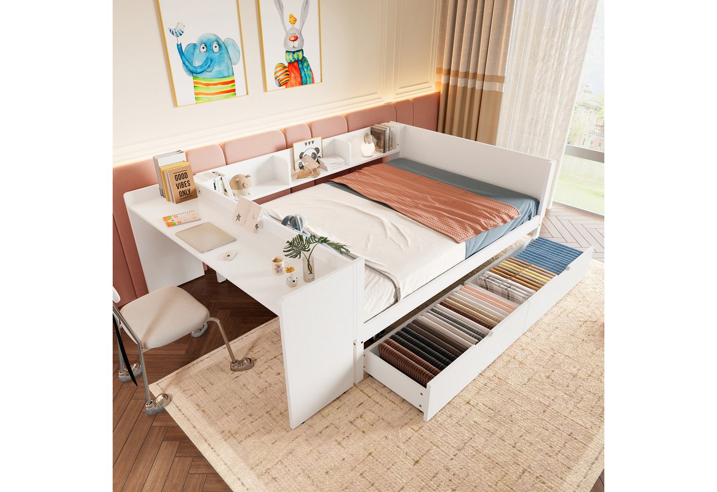 OKWISH Kinderbett mit Schreibtisch, Jugendbett Daybett Tagesbett Stauraumbett (mit Schreibtisch, 2 Schubladen und Regalen, Holzbett mit Stauraum, für Kinderzimmer & kleine Apartments 140x200 cm), ohne Matratze von OKWISH