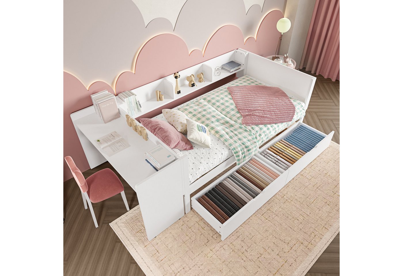 OKWISH Kinderbett mit Schreibtisch, Jugendbett Daybett Tagesbett Stauraumbett (mit Schreibtisch, 2 Schubladen und Regalen, Holzbett mit Stauraum, für Kinderzimmer & kleine Apartments 90x200 cm), ohne Matratze von OKWISH
