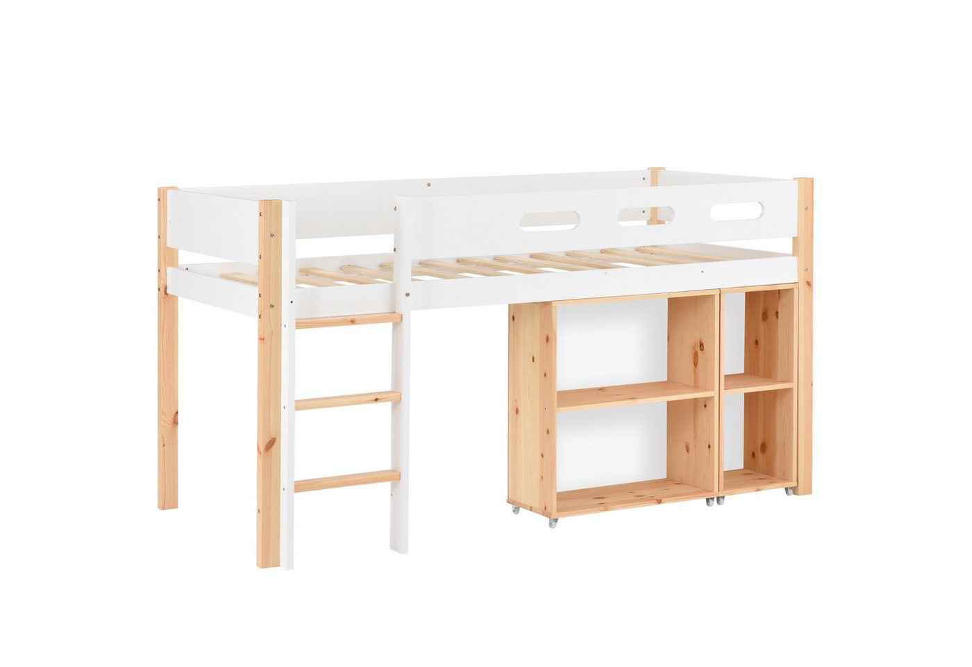 OKWISH Kinderbett mit Stauraum und beweglichem Schrank, Absturzsicherung, Kiefer+MDF (90x200 cm, mit dreistufiger rechtwinkliger Treppe, Bettrahmen aus Massivholz), ohne Matratze von OKWISH