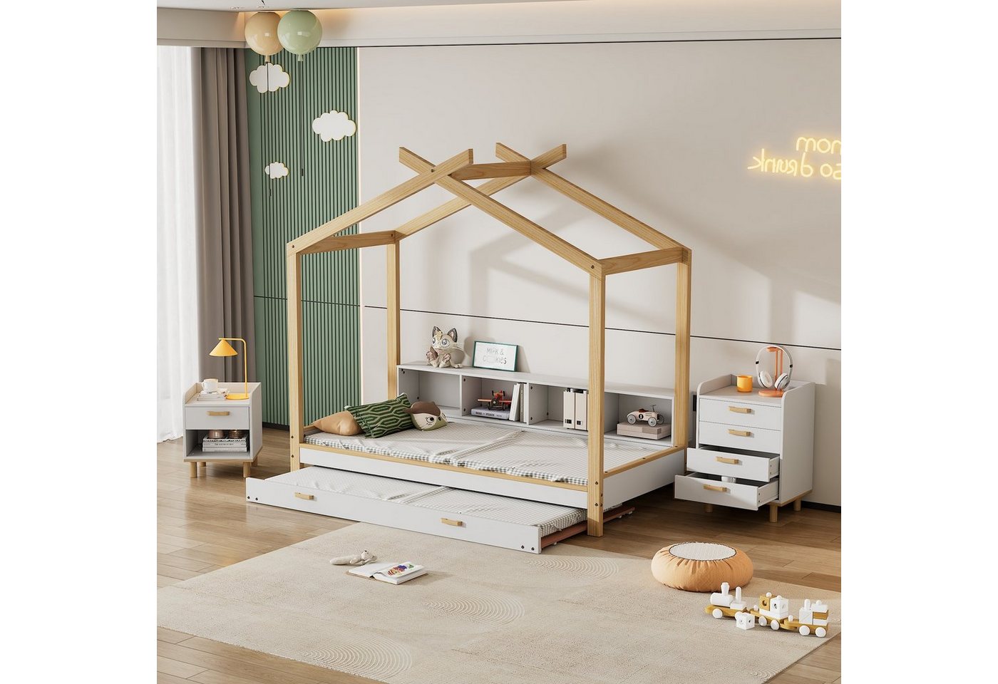 OKWISH Kinderbett mit vier Fächern Regale, mit ausziehbarem Rollbett (Hausbett+Nachttisch+Kommode mit vier Fächern Regale und Drop-Down-Rollbett, Nachttisch mit 1 Schublade und einem Fach,Kommode), ohne Matratze, 90x200cm&90x190cm von OKWISH