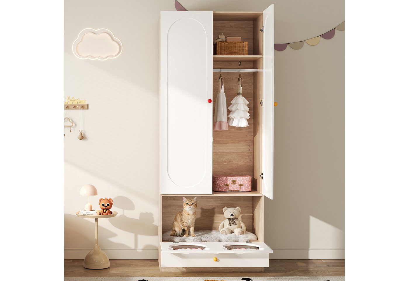 OKWISH Kleiderschrank Weiß + Naturholzfarbe (Flurschrank, 1-St., mit Bügelstange, Katzenbett) Lackierte Platten + Spanplatte, bunte Keramikgriffen von OKWISH