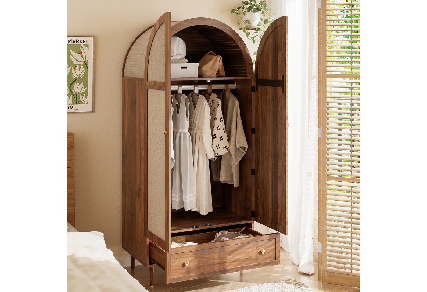 OKWISH Kleiderschrank stabile Holzfüße (Garderoben-Set, 1-St., Walnussoptik) Stofftüren, Schublade von OKWISH