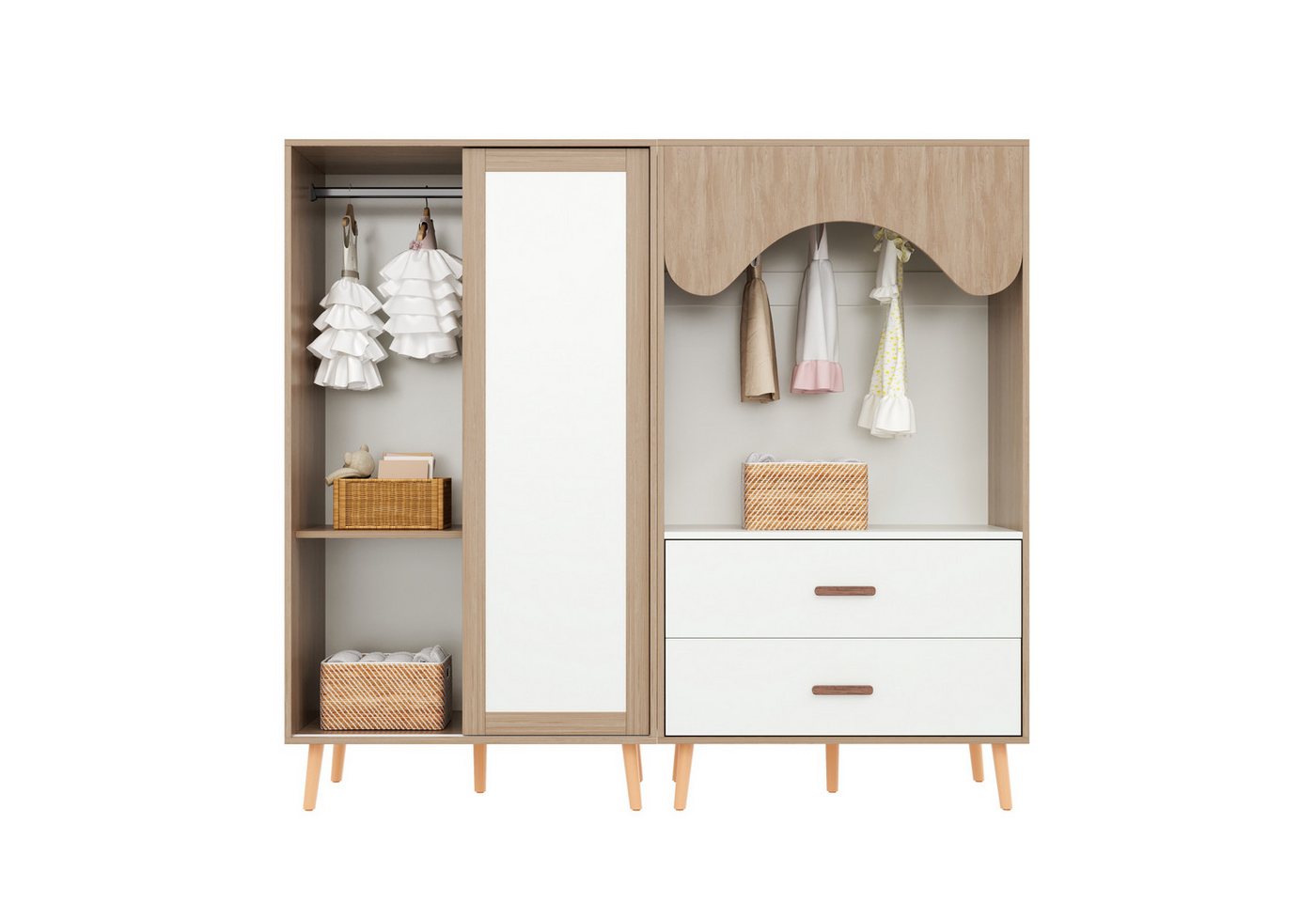 OKWISH Kleiderschrank weiß+natürliches Holzfarbe (Kinderzimmer-Set, Garderoben-Set, Kombinationsgarderobe, 1-St., Schiebetürgarderobe + Offene Garderobe) Höhe 141,5 cm von OKWISH