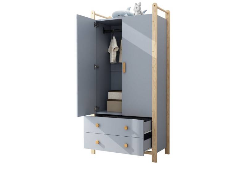 OKWISH Kleiderschrank weißer oder blauer Körper + Kieferrahmen (Flurgarderobe, Highboard, 1-St., mit Kleiderstange, 2 Schubladen) 2-türiger Lagerschrank von OKWISH