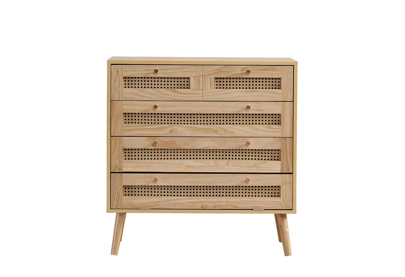 OKWISH Kommode Schrank Anrichte (Schrank mit 3 Schubladen, mit Rattan-Schubladenplatte, mit unterem Flip-Top-Deckel, mit goldfarbenem Metallgriff und Holzbeine) von OKWISH