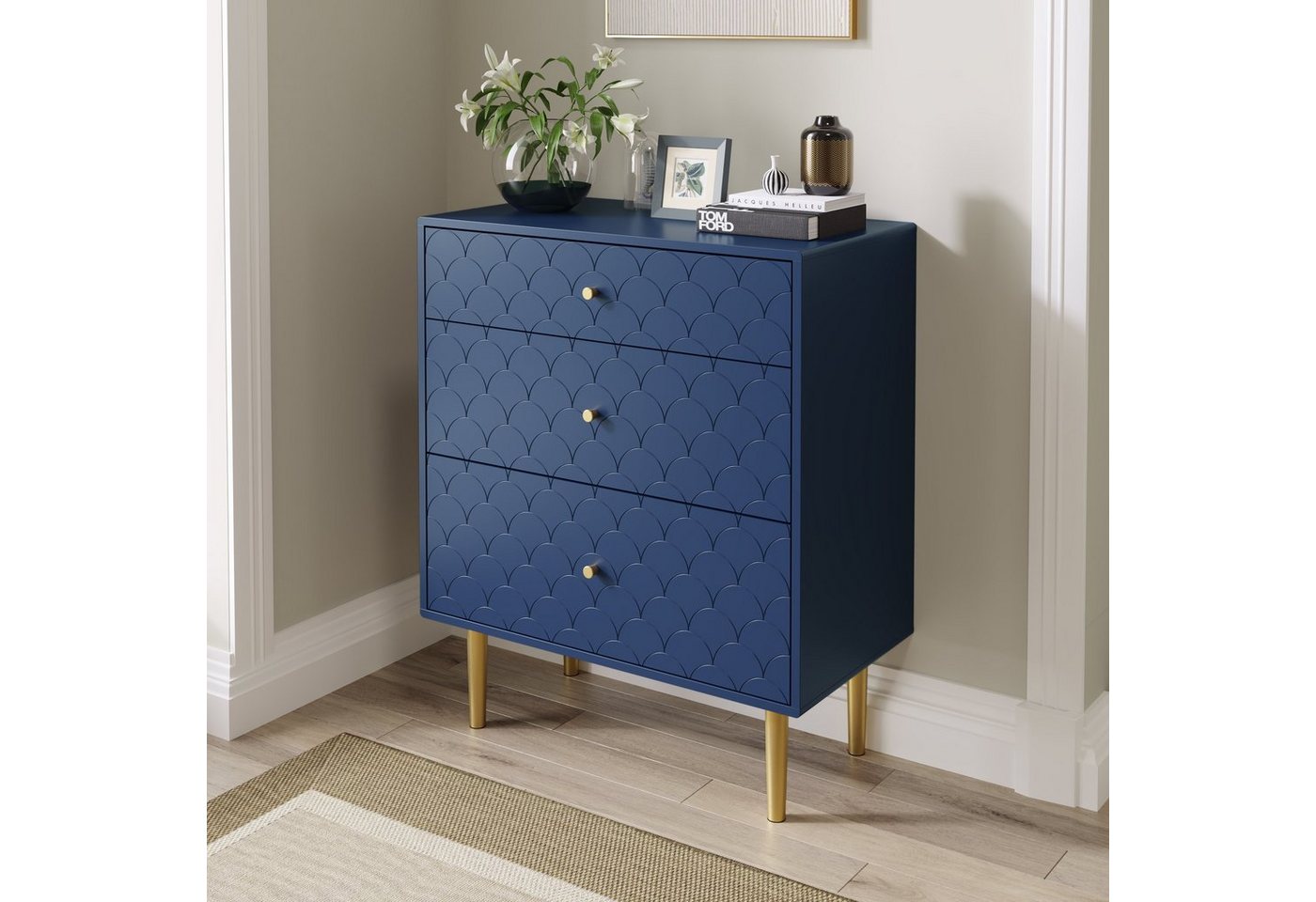 OKWISH Kommode Schubladenkommode Sideboard (Marineblau-H89/B75/T40 cm), mit 3 Schubladen, FSC®-zertifiziertem, für Schlafzimmer & alle Wohnräume von OKWISH