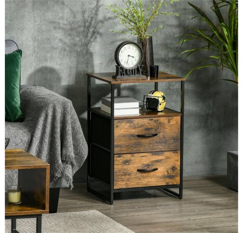 OKWISH Kommode mit Ablage Griffen (Kommode mit Faltbaren Stoff-Schubladen, Industrieller Stahlrahmen, 2 Ablagen und 2 Schubladen, Rustikal-Braun, für Wohnzimmer und Flur, 1 St., 45B x 40T x 70,5H cm) von OKWISH