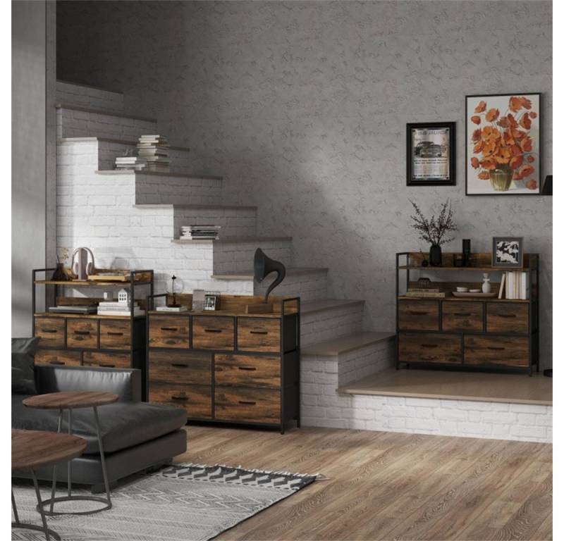 OKWISH Kommode mit Ablage Griffen (Stilvolle Kommode mit 7 Stoffschubladen, rustikaler Braunfarbton, MDF und Stahlrahmen, verstellbare Füße, 1 St., 98B x 29T x 85H cm) von OKWISH