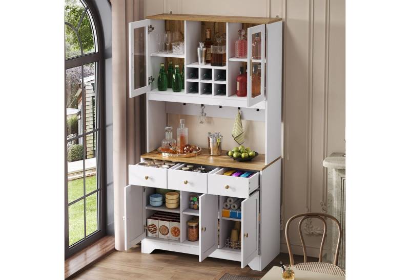 OKWISH Küchenbuffet in weißer Holzmaserung (Highboard, Standvitrine, 1-St., fünf Türen, drei Schubladen und offenen Fächern) 94,5L x 30B x 175,5H von OKWISH