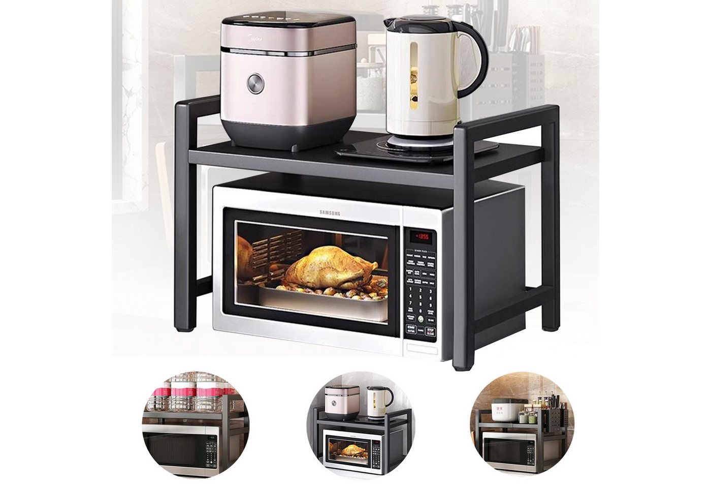 OKWISH Küchenregal Mikrowellenregal Bäckerregal Gewürzregal mit 6 Haken, 2-Stufiges Ausziehbar arbeitsplatte Bäckerregale verstellbar 38-66cm 1-tlg., Füße für Küche Kleiderschrank Bad Garage Büro von OKWISH