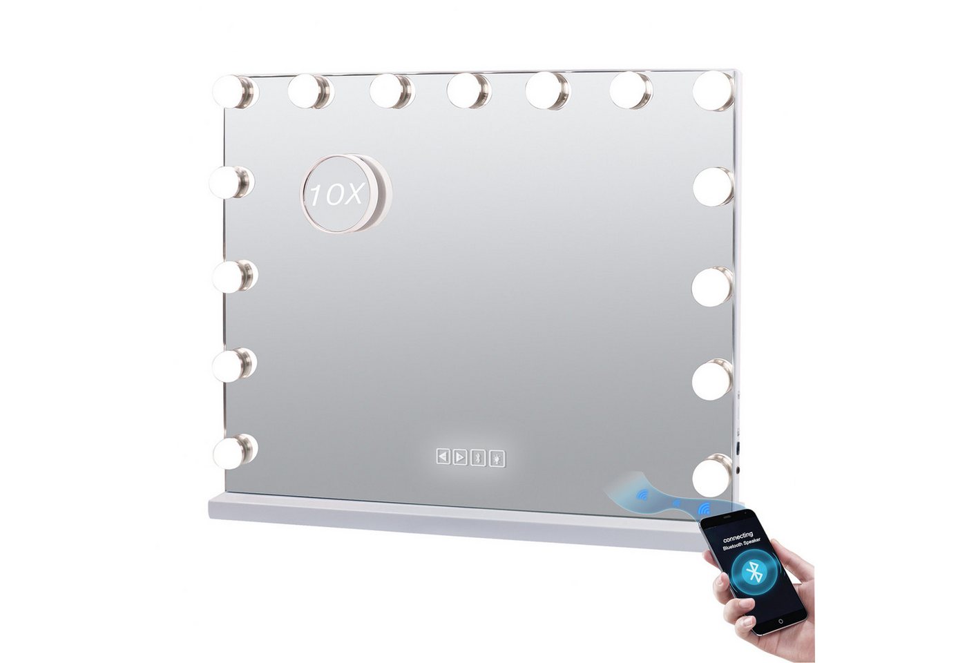 OKWISH Spiegel LED Wandspiegel Hollywood Spiegel Tischspiegel mit Beleuchtung (10x Vergrößerung Touch-Steurung Weiß 58x46 cm mit Bluetooth, 15 dimmbare LED, mit USB-Ladeanschluss, mit 3 einstellbaren Lichtfarben), für Schlafzimmer Ankleidezimmer Badezimmer Schönheitssalon usw von OKWISH