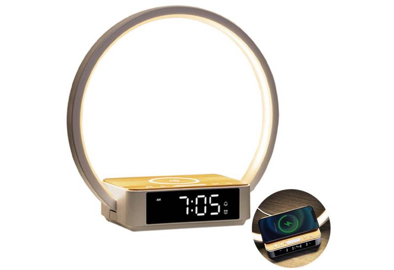 OKWISH LED Nachttischlampe LED Nachttischleuchte Tischlampe Aufwachlicht Tischleuchte, Mit Handy Ladefunktion, LED fest integriert, Warmweiß, Touch-Steuerung Zeitanzeige 3 Helligkeitsstufen dimmbar Schlafzimmer von OKWISH