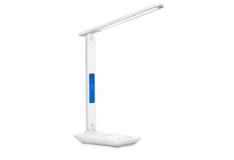 OKWISH LED Schreibtischlampe Nachttischlampe Tischlampe Tisch Lampe Leuchte Schlafzimmer USB-Ladung, Ladestation für Handy, LED fest integriert, 3 Farbtemperaturen, verstellbar 5 Helligkeitsstufen Kalender Wecker wireless Ladestation von OKWISH