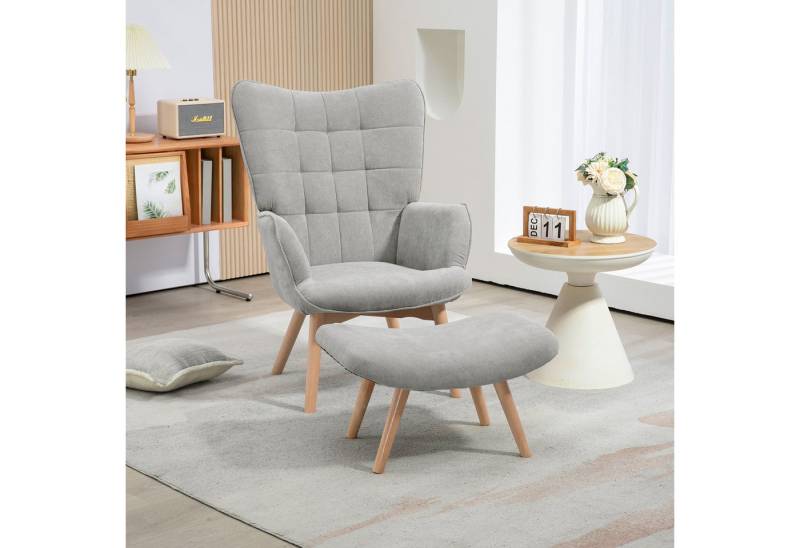 OKWISH Loungesessel Relaxsessel Freizeitstuhl Ohrensessel (Ohrensessel mit Hocker in Cord-Optik – Relaxsessel mit Holzbeinen & Ottomane, gemütlich gepolstert für Wohnzimmer & Leseecke., Sessel: 72L x 80B x 101H cm. Ottomane: 65L x 43B x 38H cm), mit Relaxfunktion von OKWISH