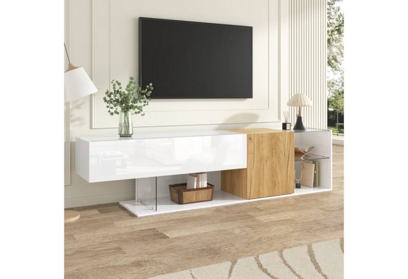 OKWISH Lowboard 180 cm, mit Holzmaserung (Fernsehschrank, TV-Ständer, 1 St., mit Glasregalen), in Hochglanz Weiß mit Holzoptik von OKWISH