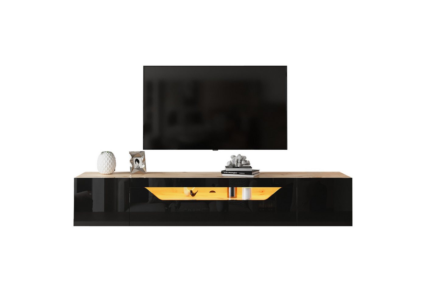 OKWISH Lowboard Fernsehschrank mit 3 Staufächern (TV-Board, Wohnzimmermöbel, 1 St., mit LED-Licht, Hochglanz), Passend für 75-Zoll-Fernseher von OKWISH