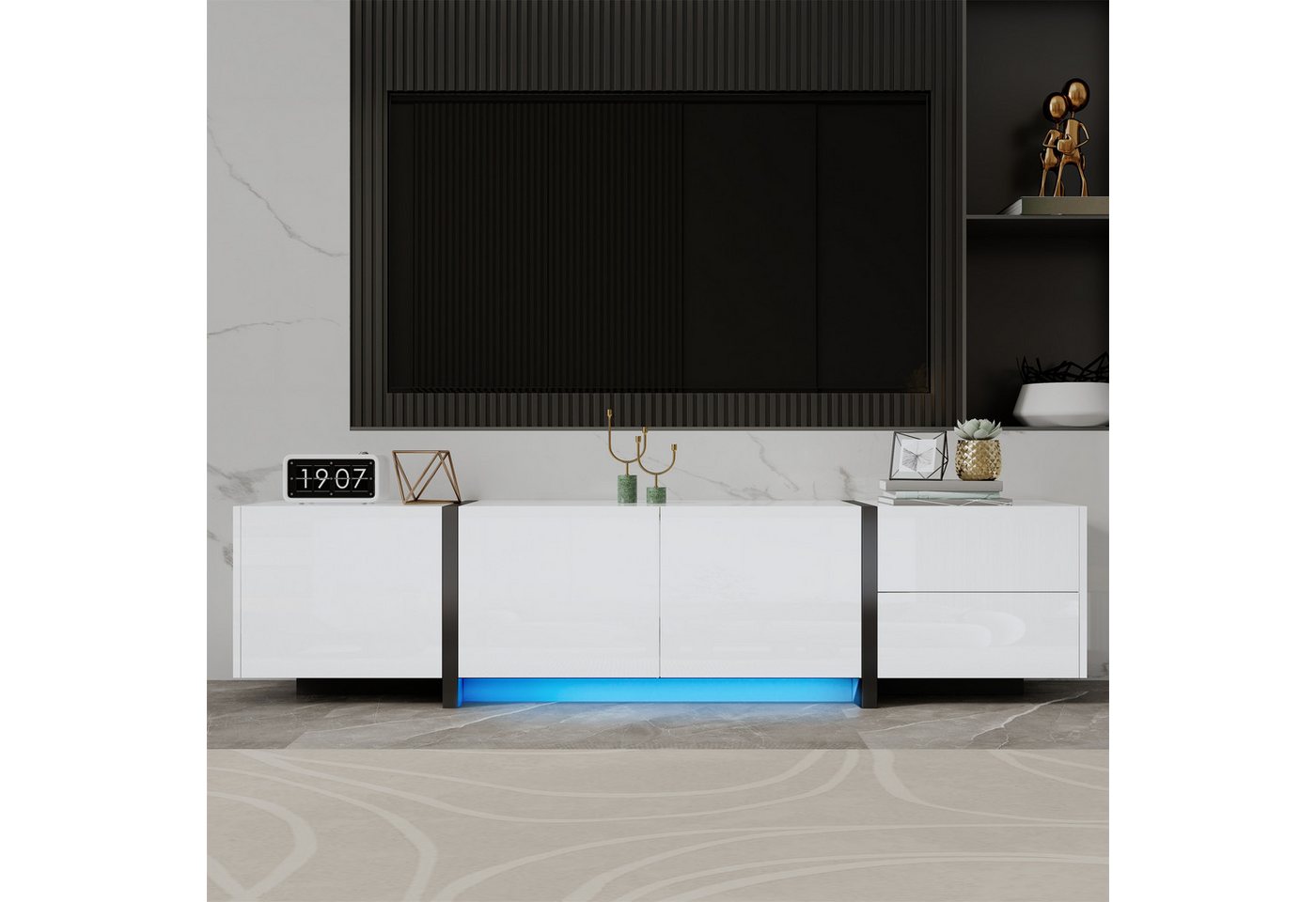 OKWISH Lowboard Hochglanzschrank (TV-Panel, Fernsehtisch, 1 St., 170*30*39cm), weißer und schwarz abgesetzte Tischbeine von OKWISH