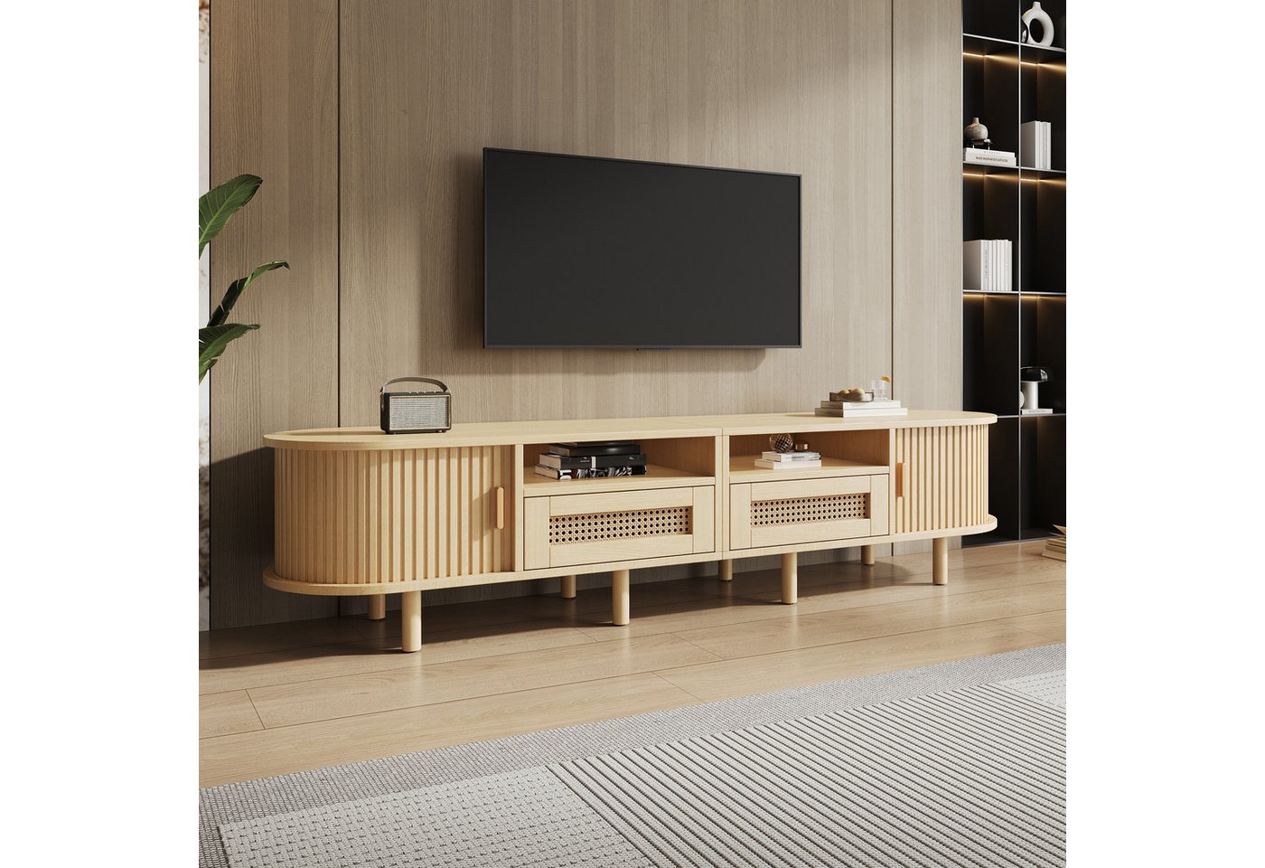 OKWISH Lowboard Ovaler TV-Ständer (TV-Board und TV-Kommode, 1 St., mit 2 Rattan Design Schubladen,2 Schiebetür), Fernsehtisch bis zu 70 Zoll von OKWISH