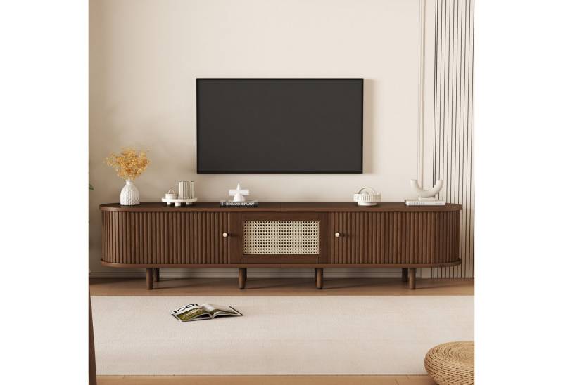 OKWISH Lowboard Ovaler TV-Ständer in Nussbaum dunkel (Fernsehschrank, Fernsehtisch,TV-Board,TV-Ständer, Wohnzimmermöbel, 1 St., 2 Schiebetür, 1 Schublade), Rattan-Design, mit verstellbare Füße von OKWISH
