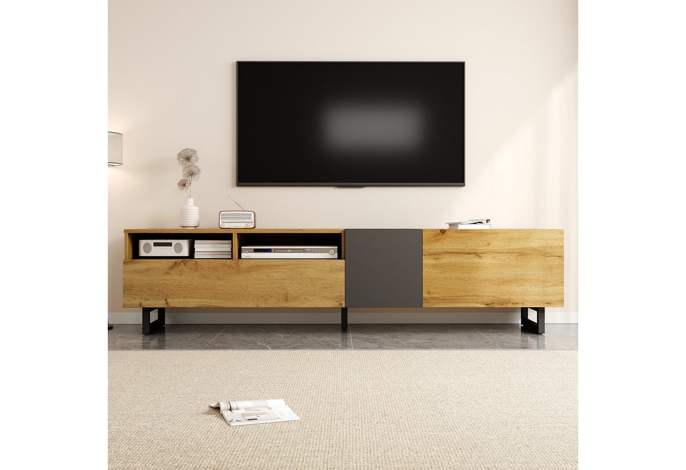 OKWISH Lowboard Retro-Holzmaserung (Fernsehschrank, Wohnzimmermöbel, 1 St., 170*36,5*42cm), Kontrastfarbdesign, U-förmige Metallbeine von OKWISH