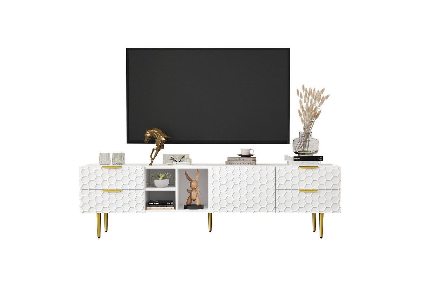 OKWISH Lowboard TV-Möbel,TV-Ständer (Fernsehtisch, 1 St., mit 1 Türen, 4 Schubladen, 3 offenen Fächern), mit Viel Stauraum,einzigartiger Netzstruktur von OKWISH