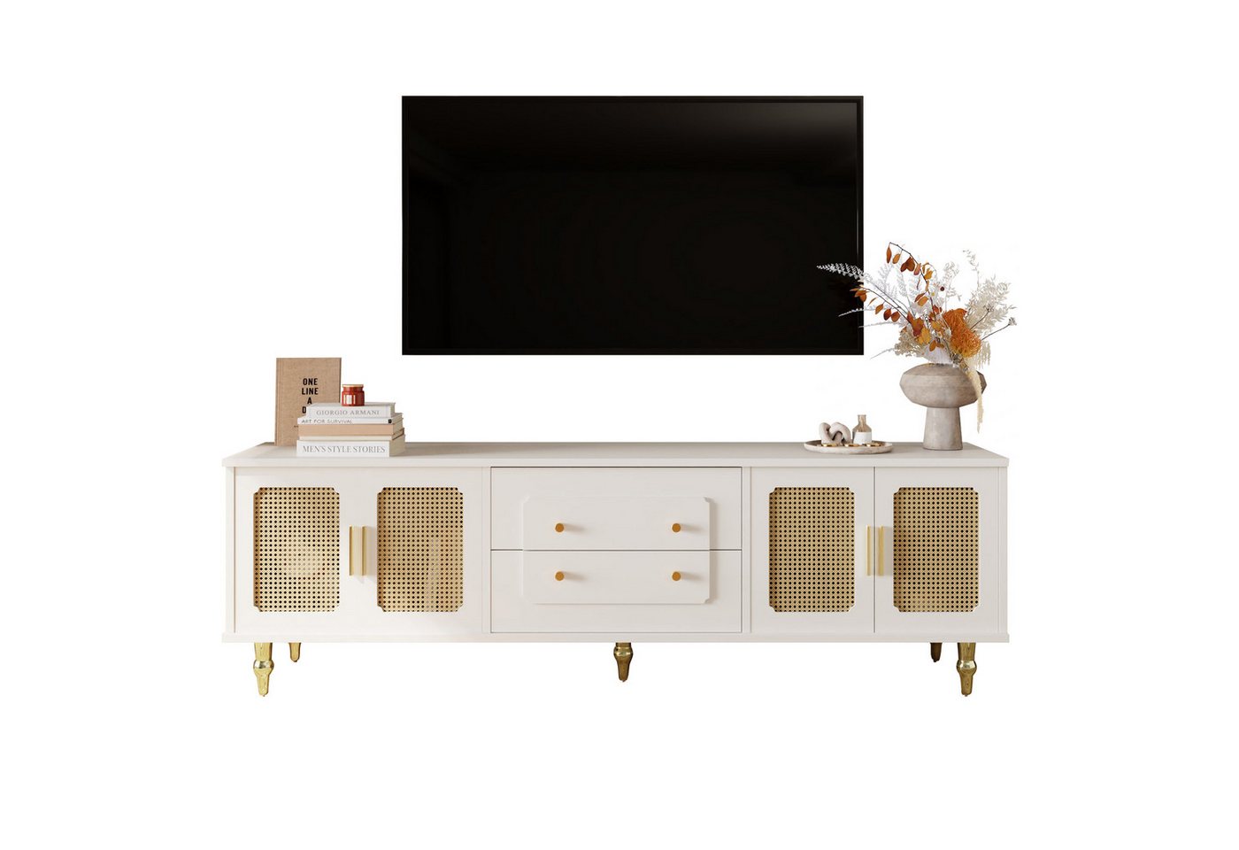 OKWISH Lowboard TV-Schrank, Fernsehtisch mit Goldene Griffe und Beine (TV-Möbel,TV- Lowboard, mit 4 PVC-Rattantüren,2 Schubladen), 175*38*55,5cm, mit Push-to-Open-Funktion von OKWISH