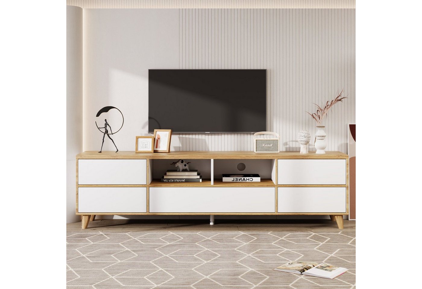 OKWISH Lowboard TV-Schrank (Fächern und Türen im natürlichen Landhausstil), Wohnzimmermöbel in Weiß und Holzfarben von OKWISH