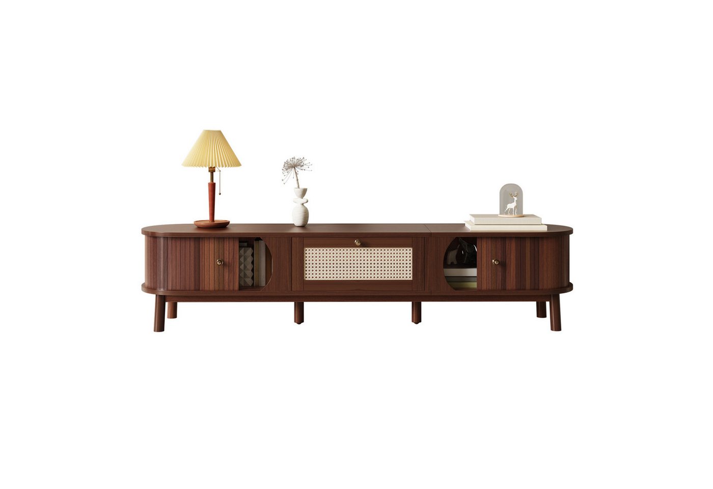 OKWISH Lowboard TV-Schrank aus Walnuss und Rattan (Fernsehtisch,TV-Board,TV-Ständer, Wohnzimmermöbel, Fernsehschrank, 1 St., 2 Schubladen, 1 Tür), mit Türen aus Naturholz und Schubladen aus Rattan von OKWISH