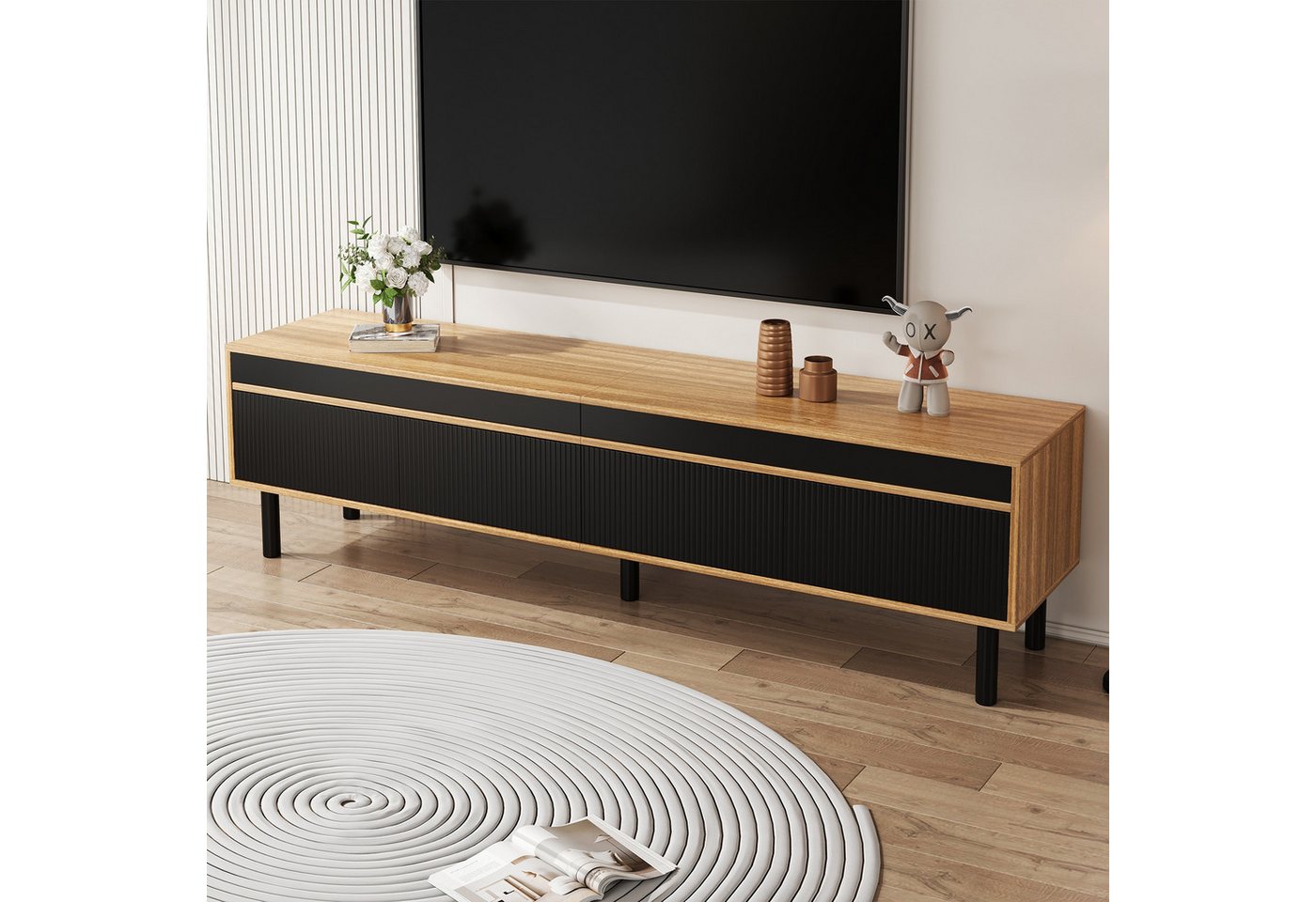 OKWISH Lowboard dreitüriger Unterschrank (Fernsehtisch, Wohnzimmermöbel, 1 St., 170 x 38 x 47.7cm), in Schwarz und Naturholz, MDF+ Spanplatte von OKWISH