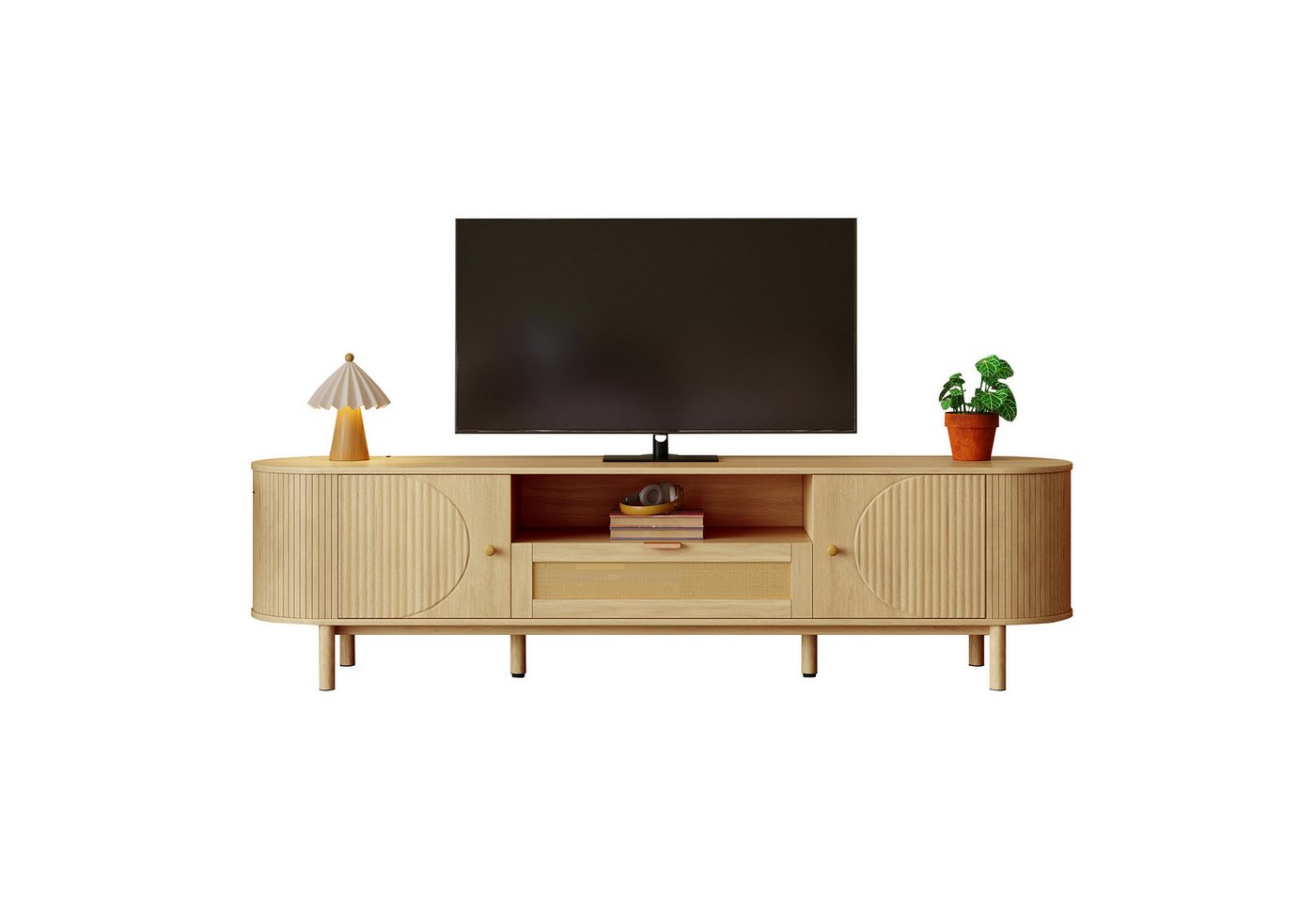 OKWISH Lowboard in Holzoptik (Fernsehtisch, Wohnzimmermöbel, 1 St., 1 Rattan-Schubladen,1 offenen Fächern, 2 Türen), abgerundeter Tischplatte, Metallbeinen von OKWISH