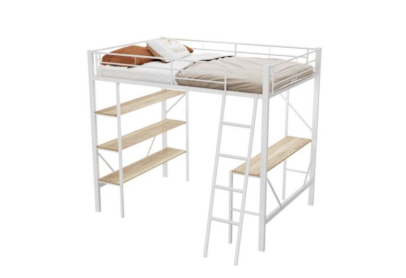 OKWISH Metallbett Bettgestell Eisenbett Hochbett (mit Schreibtisch und drei großen Ablagen, für Kinder, Jugendliche und Erwachsene, 90x200 cm), für Kinder, Jugendliche und Erwachsene von OKWISH