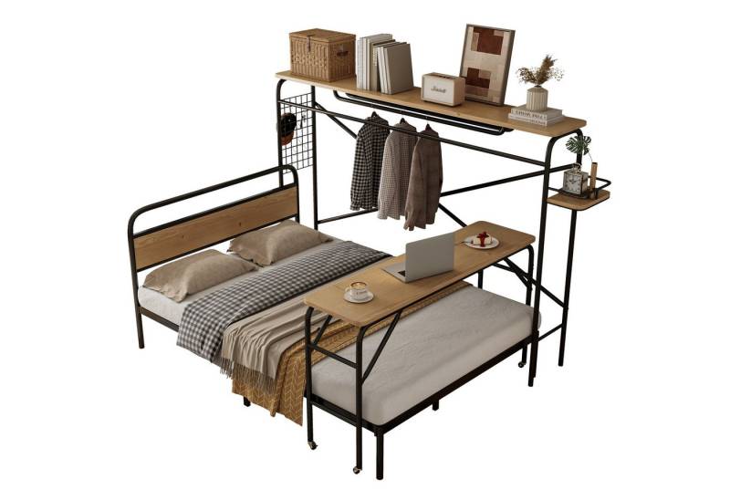 OKWISH Metallbett Funktionsbett Stauraumbett mit Tisch und Garderobenständer (Funktionsbett Stauraumbett Metallbett mit integriertem Tisch & Kleiderständer, 140x200 cm), ohne Matratze von OKWISH