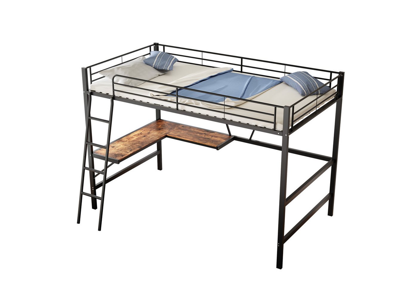 OKWISH Metallbett Kinderbett Hochbett Eisenbett (mit L-förmigem Schreibtisch und einem Regal, für Kinder, Jugendliche und Erwachsene 90x200cm), ohne Matratze von OKWISH