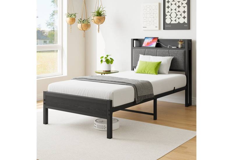 OKWISH Metallbett Stauraum-Kopfteil mit 1 Steckdosen, 2 USB-Ladeanschlüssen (Einfach zu montieren, kostengünstige Wahl), Bis zu 200kg Tragkraft,90x200cm Inklusive Matratze von OKWISH
