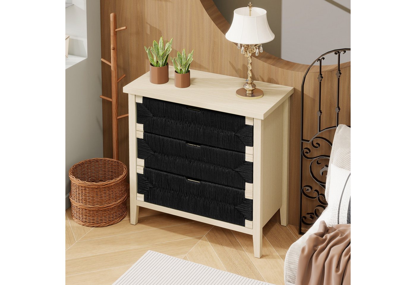 OKWISH Nachtschrank Beistelltisch Kommode (mit 3 Schubladen & schwarzem Flechtdesign, großer Stauraum, 80×40×80 cm) von OKWISH
