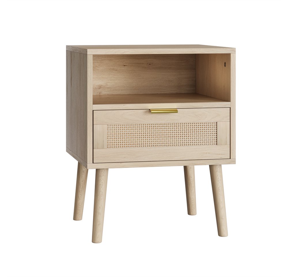 OKWISH Nachttisch Nachtschrank,Nachtkonsole,Kommode (Vine Bohème Nachttisch mit Rattan und Goldgriff – 45x40x55 cm, Robuste MDF-Struktur, Offenes Regal., 45 x 40 x 55 cm), mit Goldgriff von OKWISH