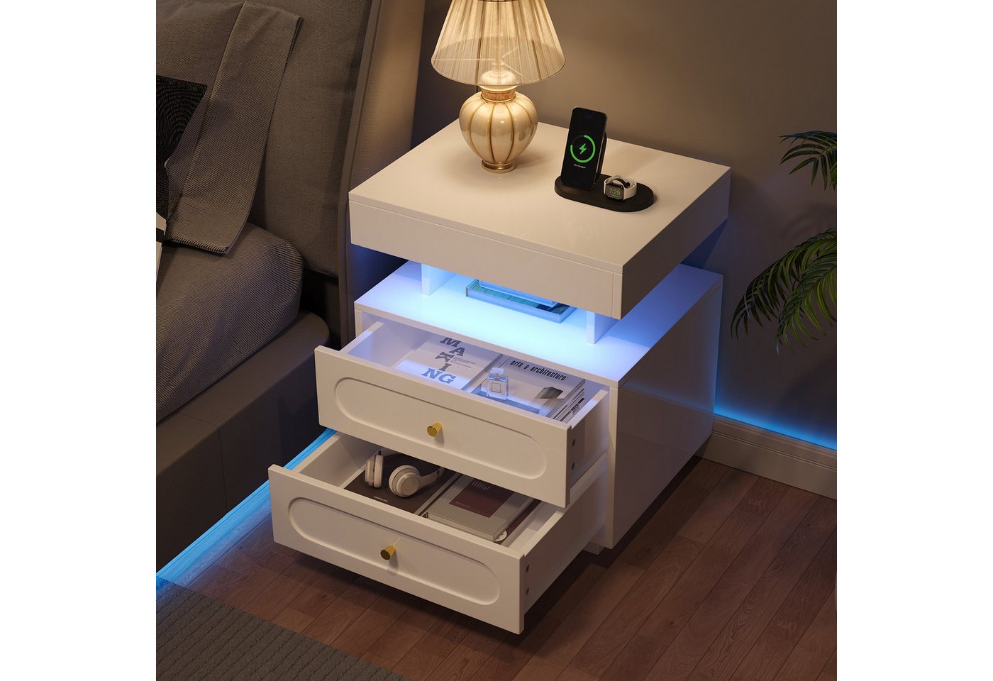 OKWISH Nachttisch Nachtschrank Nightstand Kommode (mit LED-Beleuchtung – Weiß, 1-St., B50/D40/H60 cm) von OKWISH