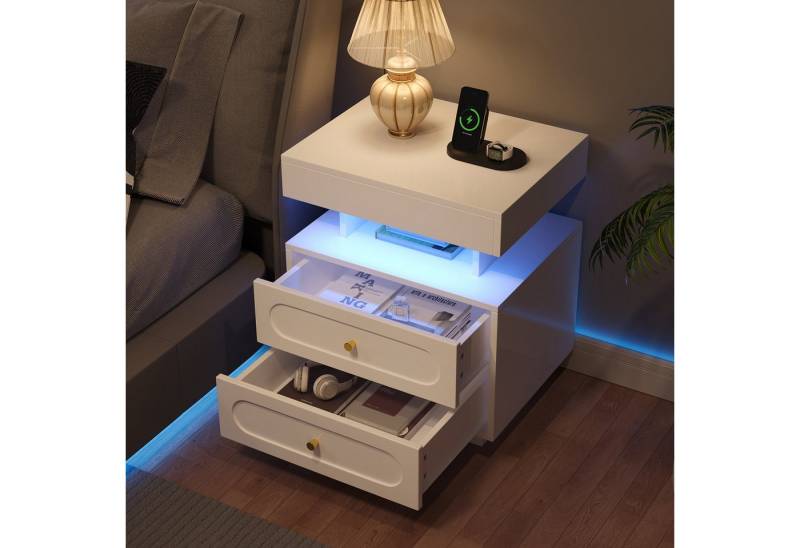 OKWISH Nachttisch Nachtschrank Nightstand Kommode (mit LED-Beleuchtung – Weiß, 1-St., B50/D40/H60 cm) von OKWISH
