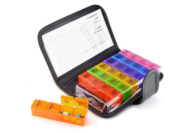 OKWISH Pillendose Pillenbox Tablettenbox Pillen Aufbewahrungsbox Medikamentendosierer (Medikamente aufbewahren Kunstleder Tasche für Hand- oder Hosentasche, 1 St., Medikamentenbox Pillen-Organisator Bunt BPA-frei 7 Tage 28 Fächer), für Pillen Vitamin Fischöl für Morgens Mittags Abends Nachts von OKWISH