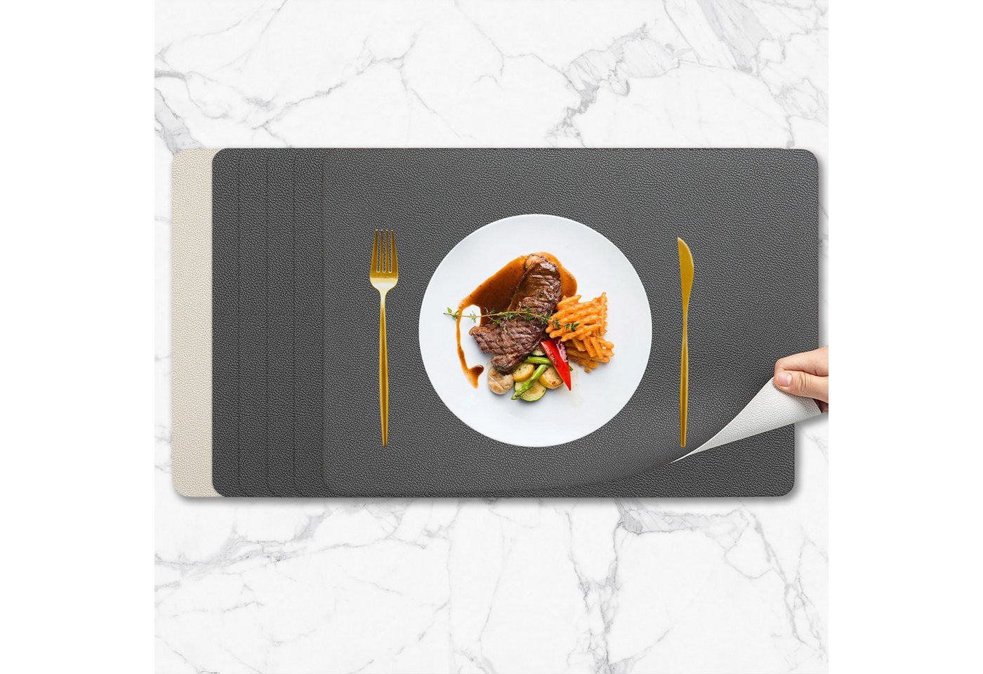 OKWISH Platzset Tischset-Set mit Untersetzern Tischunterlage Platzdeckchen, (6 Tischsets und 6 Untersetzer praktische Nutzung als Mauspad, Doppelseitig verwendbar hwasser- und schmutzabweisend), pflegeleicht ideal für Esstisch Küche Büro und Hotel von OKWISH