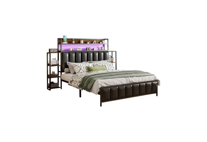 OKWISH Polsterbett Funktionsbett Eisenbett Stauraumbett Metallbett (mit LED-Beleuchtung und Mehrfach-Ablagefächern, 140x200 cm), ohne Matratze von OKWISH