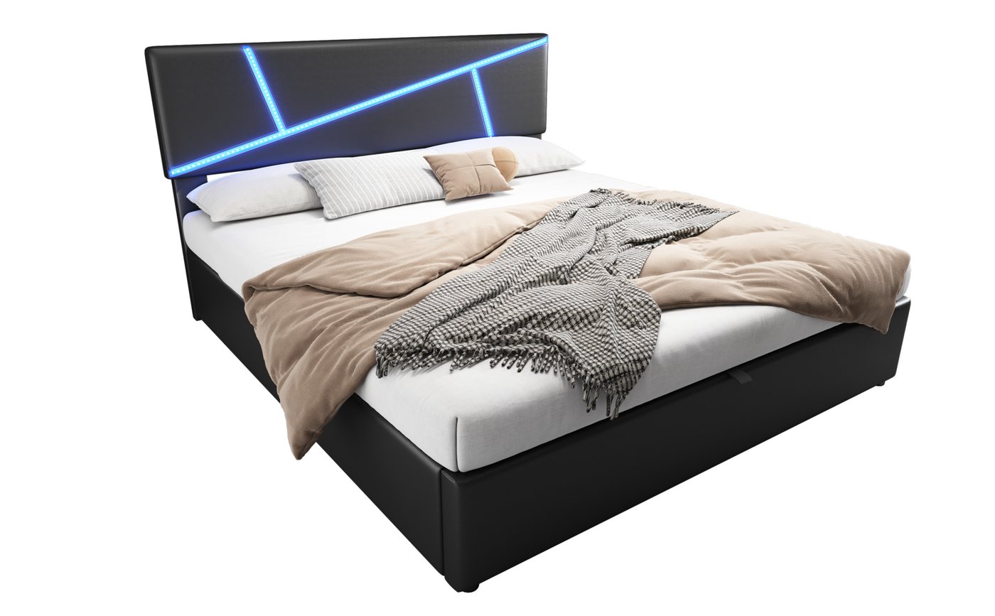 OKWISH Polsterbett Bequemes (mit LED-Lichtleisten,160x200 cm, Doppelbett mit Lattenrost, Rückenlehne, Hydraulisches Funktionsbett, Synthetisches Leder), Schwarz von OKWISH