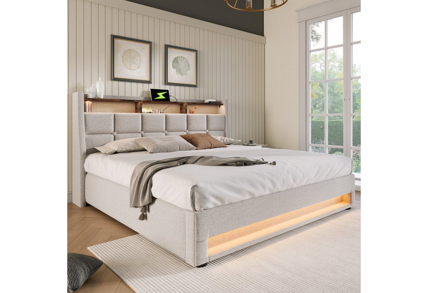 OKWISH Polsterbett Bett (LED Doppelbett Jugendbett mit Lattenrost und usb), 140x200cm,Ohne Matratze von OKWISH